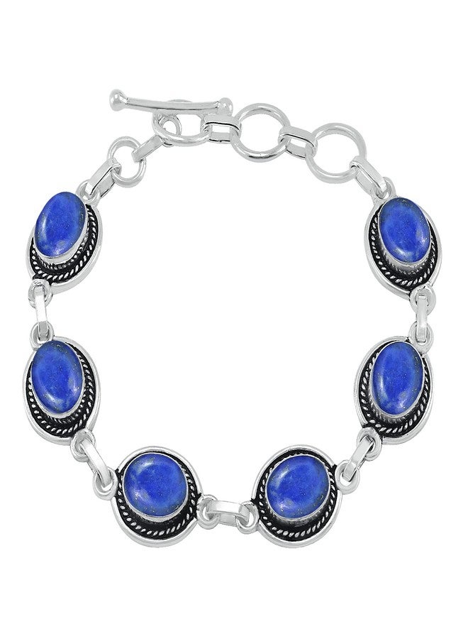 Sterling Silver Jewelry سوار سلسلة رابط قابل للتعديل من الفضة المطلية 925 مع حجر اللازورد الطبيعي للنساء - حجر الميلاد لشهر سبتمبر بشكل بيضاوي - مجوهرات يدوية للسوار - هدايا عيد الميلاد لها - Image 1