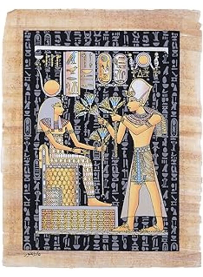Ancient Egyptian papyrus 30 x 40cm of King Ramesses II Making Offerings to Goddess Isis Glow in the dark made in Egypt with Authentic papyrus Leaves. 