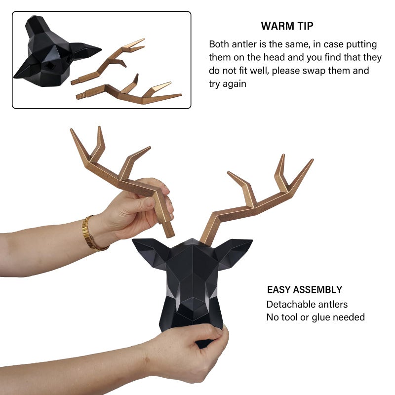 Keygift Geometrical Deer Head Wall Decor Black&Copper Faux Taxidermy Resin Animal Head Wall Mount Deer Antlers Wall Sculptures - Image 3