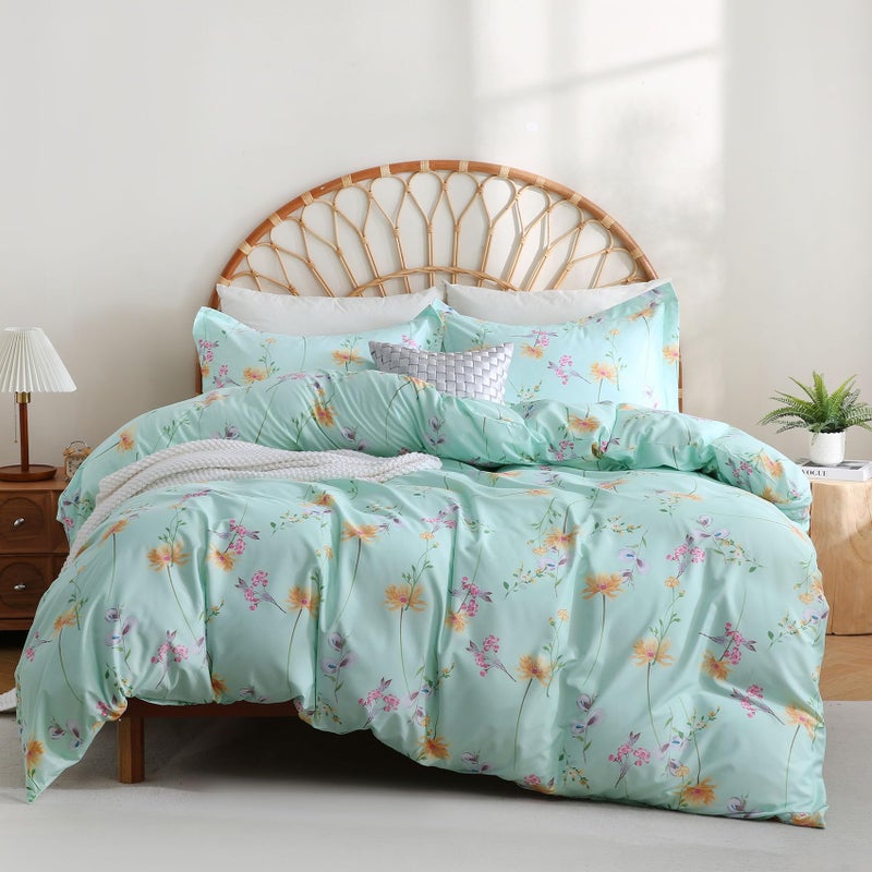 JSD Green Floral Duvet Cover Set King Size 3 Piece Botanical Printed Microfiber Comforter Cover with Corner Ties Zipper Closure