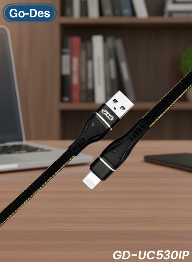 جو-ديز كابل شحن ونقل بيانات سريع Go-Des بطول 2 متر لأجهزة iPhone، موصل USB إلى iPhone بقوة 2.4 أمبير، سلك مضفر قوي، مقاوم للحرارة، قلب نحاسي مطلي بالقصدير، كابل شحن ومزامنة متين GD-UC530IP - Image 2