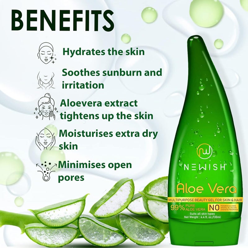 Newish Newish 99 Pure Aloe Vera Gel for Face Skin  Hair  130ml Pack of 3 Ultimate Gel For Glowing Skin  For Both Men and Women  - Image 2