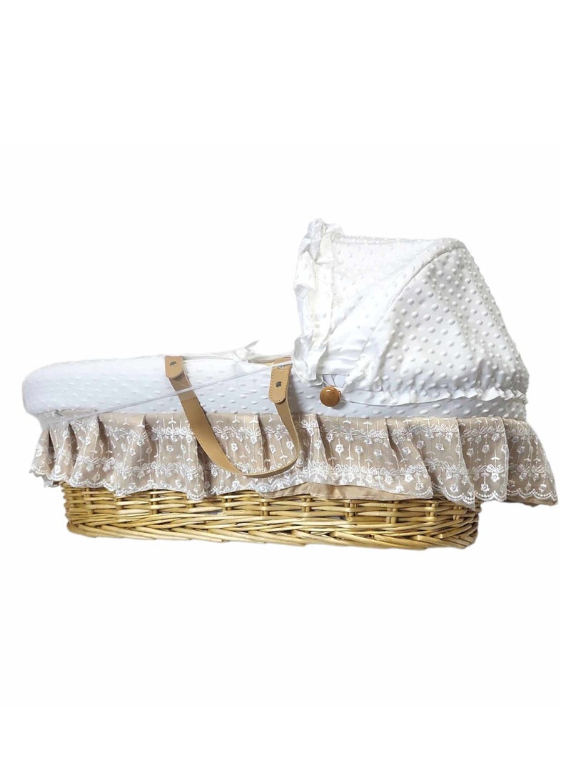Everything For Kids - Baby Basket Moses Beaded Wicker Cot Infant Bedding With Pillow, Handle, Mosquito Net White/Beige - Image 1