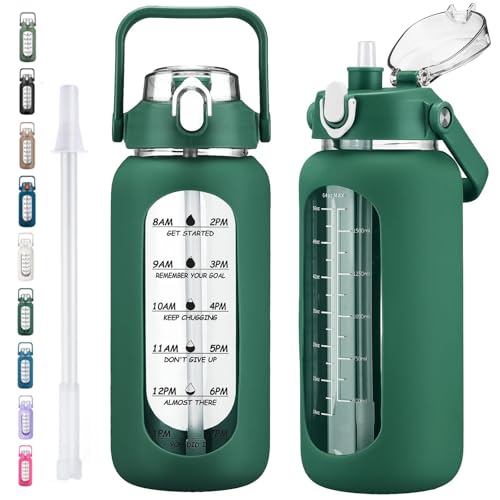 kytffu 64oz Glass Water Bottles with Straw Half Gallon Motivational Glass Bottle with Silicone Sleeve and Time Marker 2L Leakproof Large Glass Water Jug for Gym Home Office Ink Green - Image 1