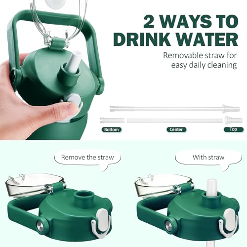 kytffu 64oz Glass Water Bottles with Straw Half Gallon Motivational Glass Bottle with Silicone Sleeve and Time Marker 2L Leakproof Large Glass Water Jug for Gym Home Office Ink Green - Image 3