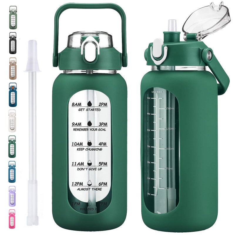 kytffu 64oz Glass Water Bottles with Straw Half Gallon Motivational Glass Bottle with Silicone Sleeve and Time Marker 2L Leakproof Large Glass Water Jug for Gym Home Office Ink Green - Image 2