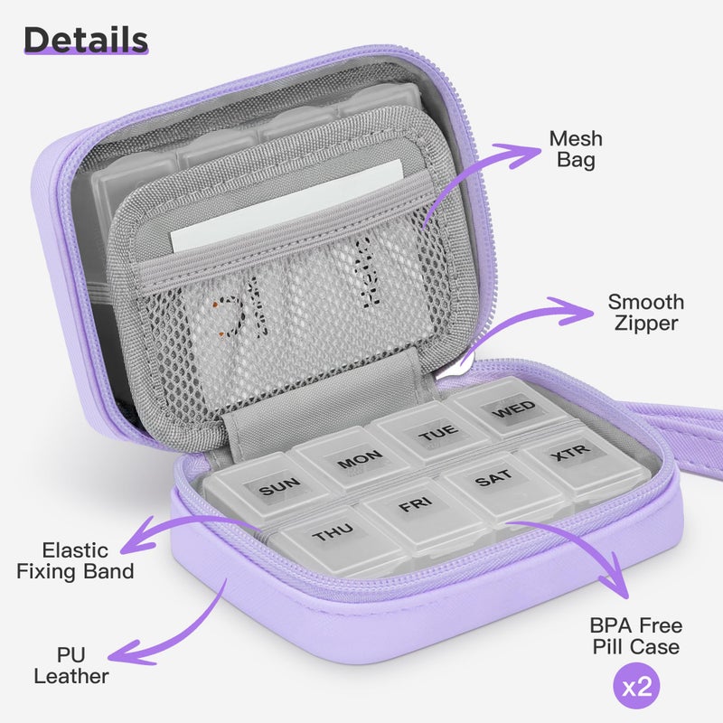 Zannaki Cute Pill Organizer for Purse with Two Removable 7-Day Pill Box, Travel PU Leather Pill Case, Portable Weekly Pill Container with Storage Bag to Hold Vitamins, Fish Oils, Supplements (Purple) - Image 5