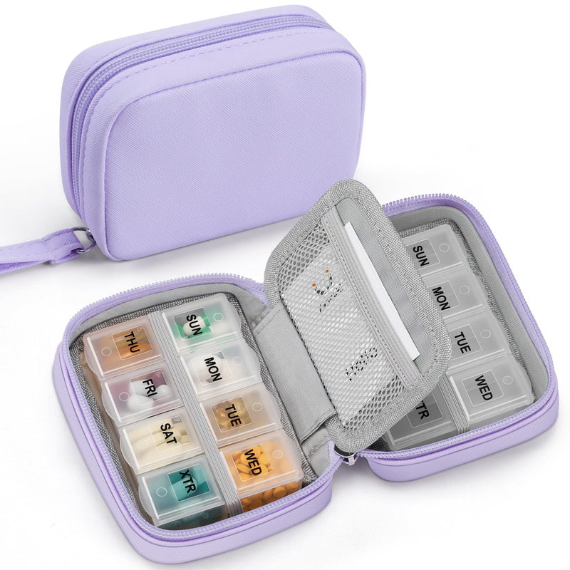 Zannaki Cute Pill Organizer for Purse with Two Removable 7-Day Pill Box, Travel PU Leather Pill Case, Portable Weekly Pill Container with Storage Bag to Hold Vitamins, Fish Oils, Supplements (Purple) - Image 1