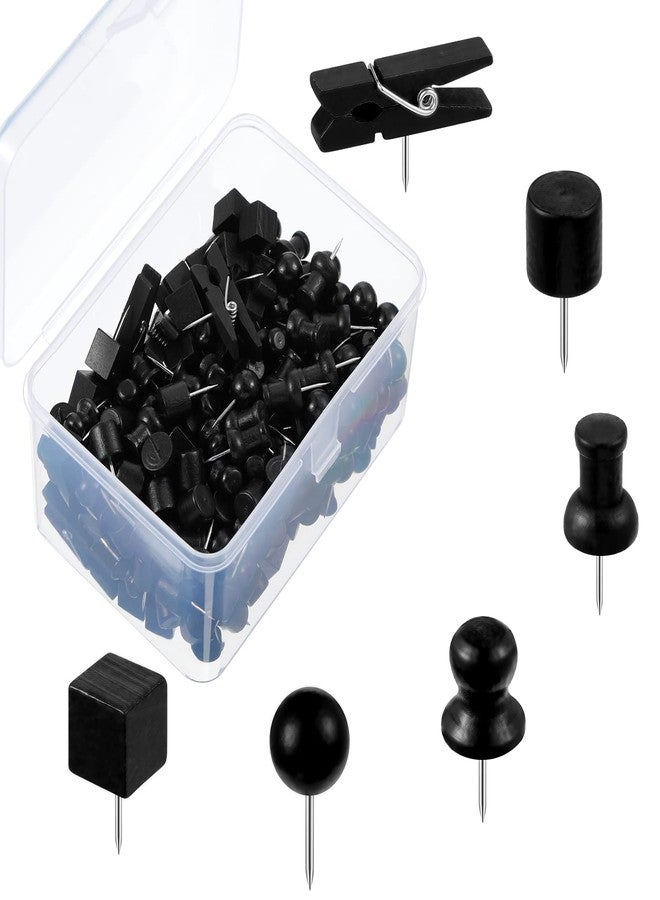 مارسبارك 220 قطعة من 6 أنواع دبابيس خشبية للوحة الفلين، دبابيس إبهام مزخرفة، دبابيس خشبية برأس مدبب، دبابيس خرائط، دبابيس تحديد للوحة الإعلانات، ملصقات الصور الورقية (أسود) - Image 1