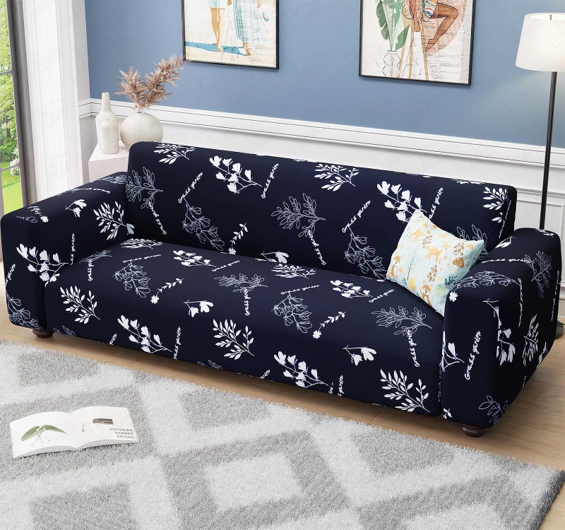 Lukzer 4 Seater Black with White Flower Universal Sofa Cover | 360° Fully Covered Anti-Slip Washable Couch Cover Protecter | 140 GSM Stretch Fit Polyester + Spandex Slipcover (230-300cm/SC-002-04) - Image 1