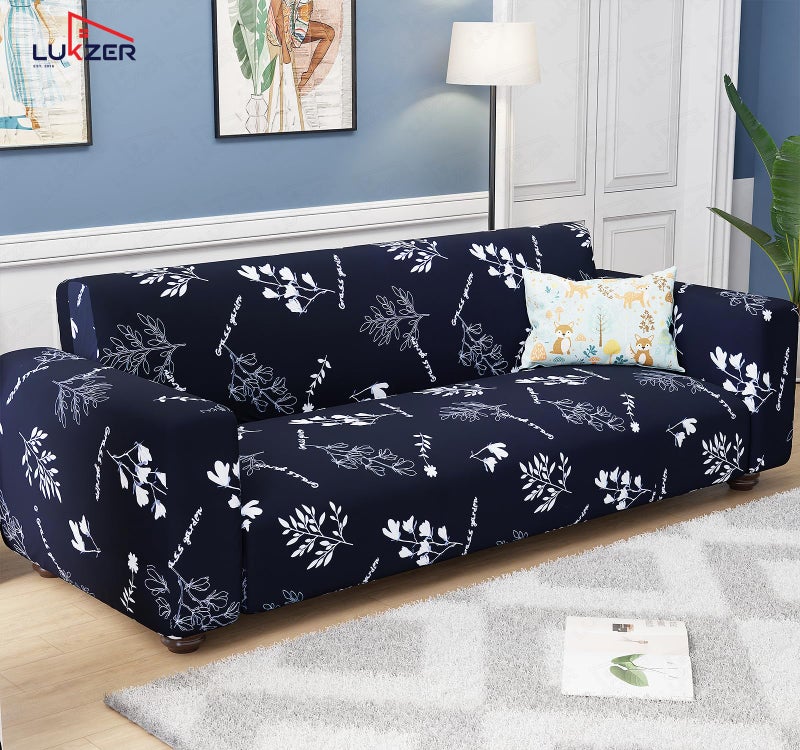 Lukzer 4 Seater Black with White Flower Universal Sofa Cover | 360° Fully Covered Anti-Slip Washable Couch Cover Protecter | 140 GSM Stretch Fit Polyester + Spandex Slipcover (230-300cm/SC-002-04) - Image 4