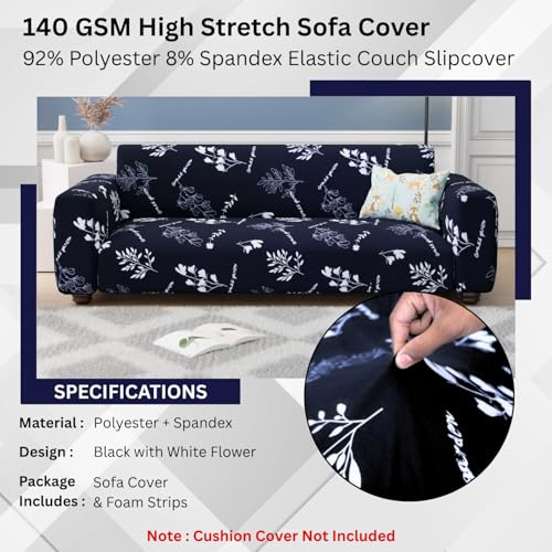 Lukzer 4 Seater Black with White Flower Universal Sofa Cover | 360° Fully Covered Anti-Slip Washable Couch Cover Protecter | 140 GSM Stretch Fit Polyester + Spandex Slipcover (230-300cm/SC-002-04) - Image 5