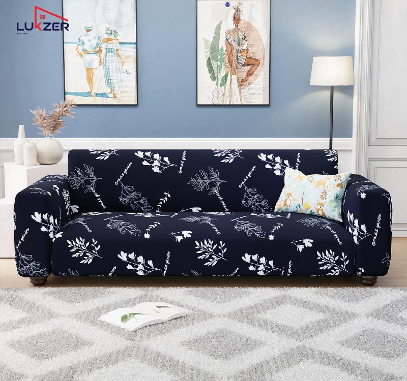 Lukzer 4 Seater Black with White Flower Universal Sofa Cover | 360° Fully Covered Anti-Slip Washable Couch Cover Protecter | 140 GSM Stretch Fit Polyester + Spandex Slipcover (230-300cm/SC-002-04) - Image 3