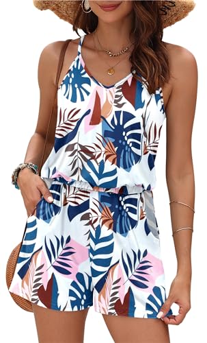 MISFAY Womens Summer Loose V Neck Spaghetti Strap Short Jumpsuit Rompers 2025(Blue Plantain,M) - Image 1