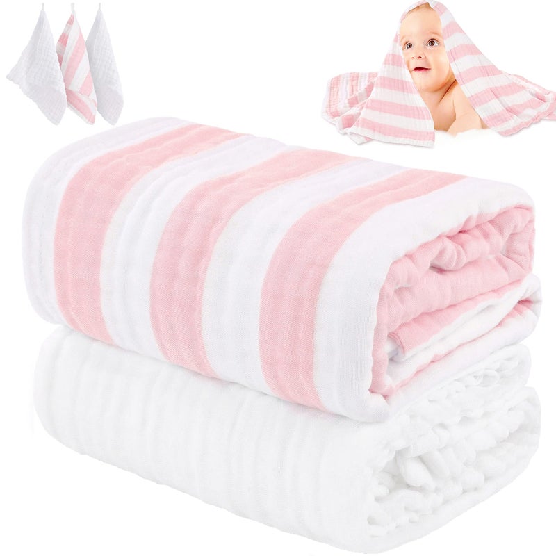 HardNok Muslin Baby Towel 5 Pieces SetUltra Soft and Absorbent for Babys Delicate Skin Ideal for Newborns to Toddlers Perfect for Baby Registry or as a Shower Gift Pink