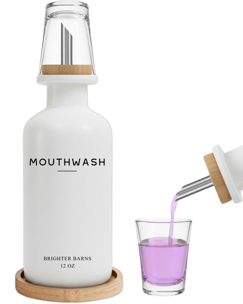 Brighter Barns White Glass Mouthwash Dispenser for Bathroom by Brighter Barns - Mouth Wash Dispensers with Stainless Steel Spout, Mouthwash Cup, Tray - Minimalist Bathroom Decor for Hotel, Spa, Dental Office (White) - Image 1
