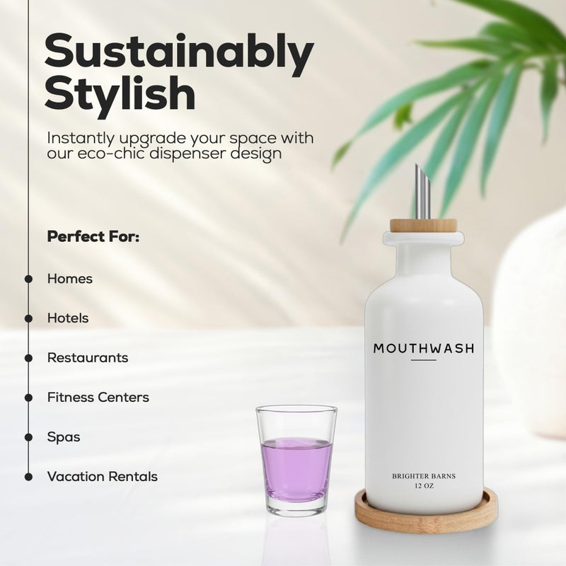 Brighter Barns White Glass Mouthwash Dispenser for Bathroom by Brighter Barns - Mouth Wash Dispensers with Stainless Steel Spout, Mouthwash Cup, Tray - Minimalist Bathroom Decor for Hotel, Spa, Dental Office (White) - Image 3
