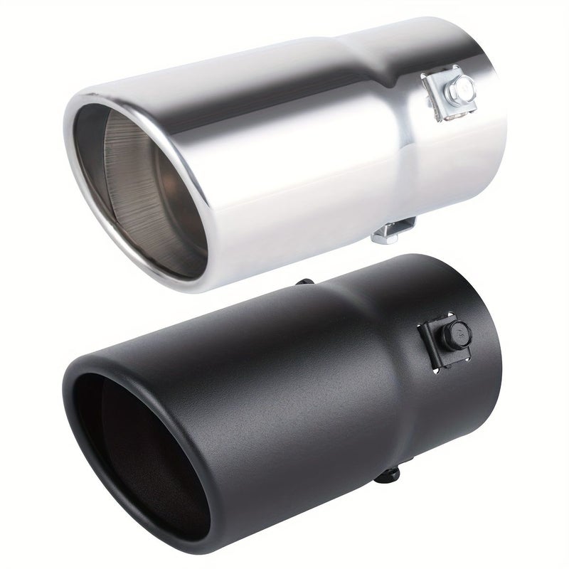 1PC 2 Inch 76mm Diameter Double Layer Round Bevel Exhaust Tailpipe Silvery Stainless Steel Single Outlet Universal Car Motorcycle Muffler Replacement - Image 1