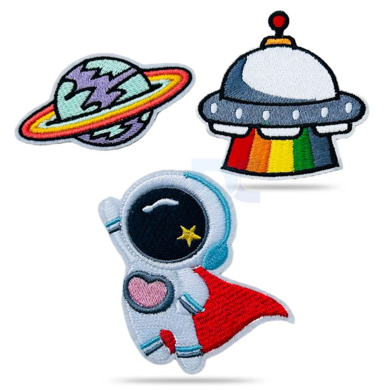 Daily Crafts Daily Crafts 1 Piece Flying Astronaut Galaxy Superhero 1 UFO Rainbow Colored Spaceship 1 Colorful Planet with Rings Embroidery Work Iron On and Sew On Patch for DIY T Shirt Decoration Accessories - Image 1