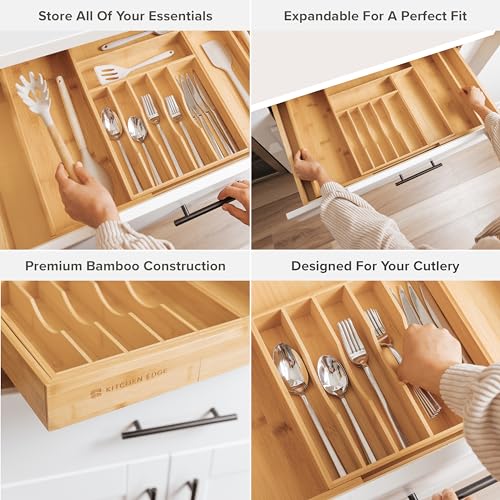 KitchenEdge Premium Silverware, Flatware and Utensil Organizer for Kitchen Drawers, Food-Safe Contract Grade, Expandable from 16 to 28 In, Natural Bamboo - Image 3