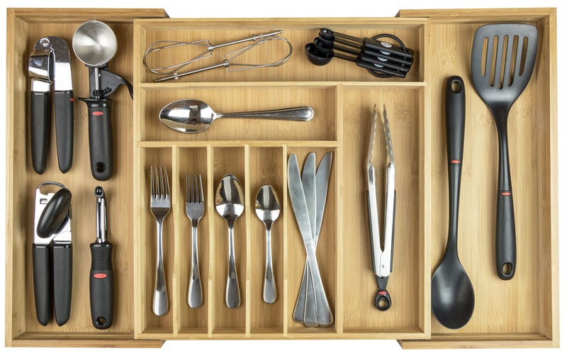 KitchenEdge Premium Silverware, Flatware and Utensil Organizer for Kitchen Drawers, Food-Safe Contract Grade, Expandable from 16 to 28 In, Natural Bamboo - Image 1