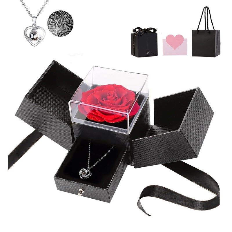 HASTHIP HASTHIP® Rose Flower Gift Valentine's Day Gift Preserved Rose Flower Necklace Eternal Rose Necklace Creative 'I LOVE U' Projection Necklace Gift Set Mother's Day Gift  - Image 1