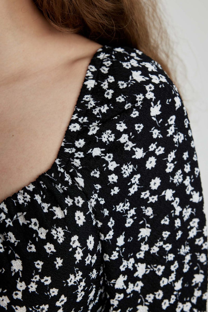 DeFacto Black Woman Fitted Square Neck Floral Wrap Half Sleeve Midi Dress Casual - Image 3