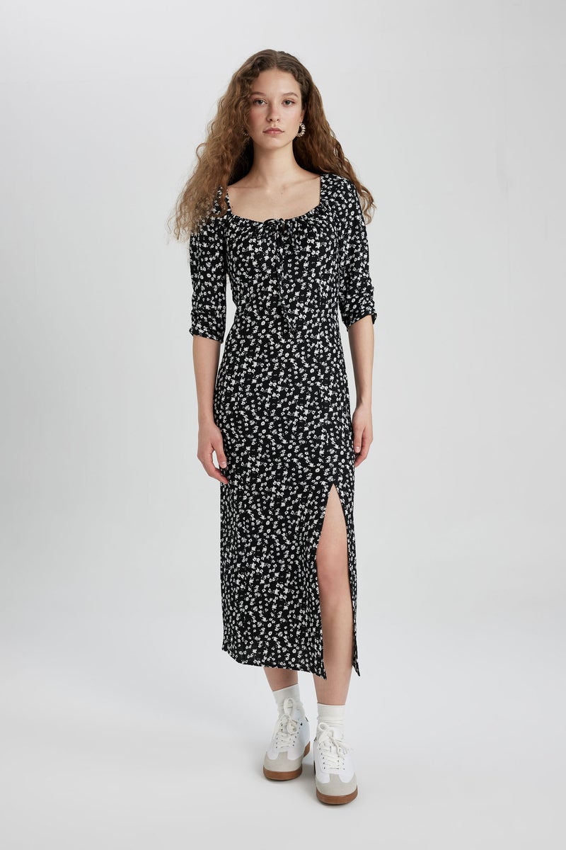 DeFacto Black Woman Fitted Square Neck Floral Wrap Half Sleeve Midi Dress Casual - Image 1