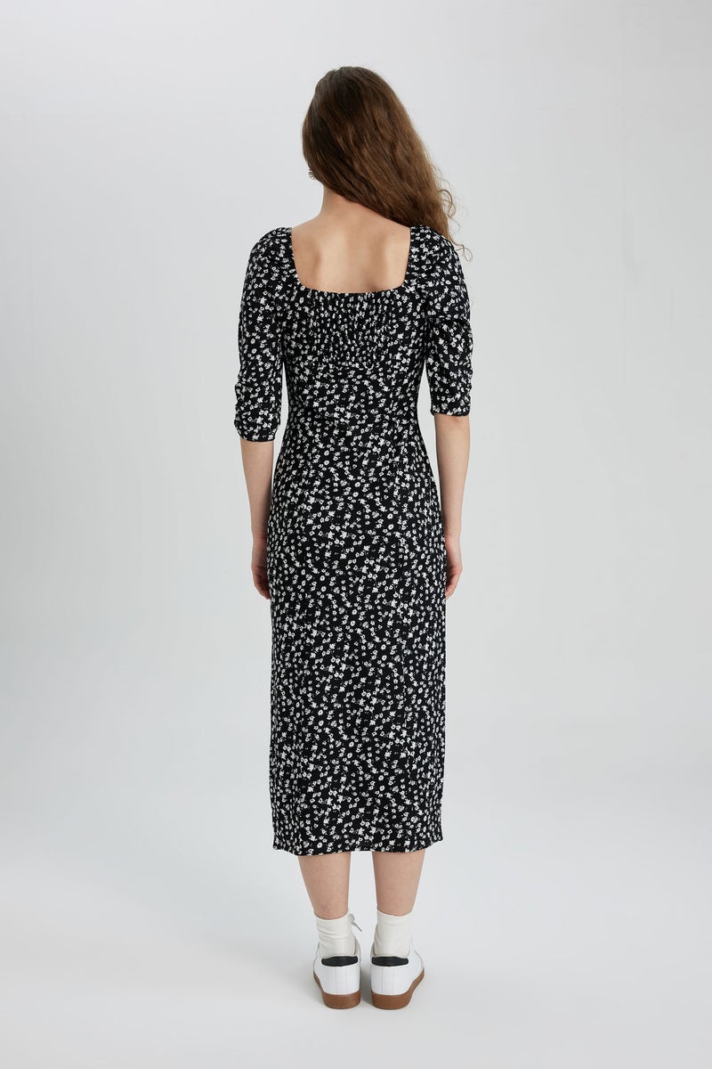 DeFacto Black Woman Fitted Square Neck Floral Wrap Half Sleeve Midi Dress Casual - Image 4