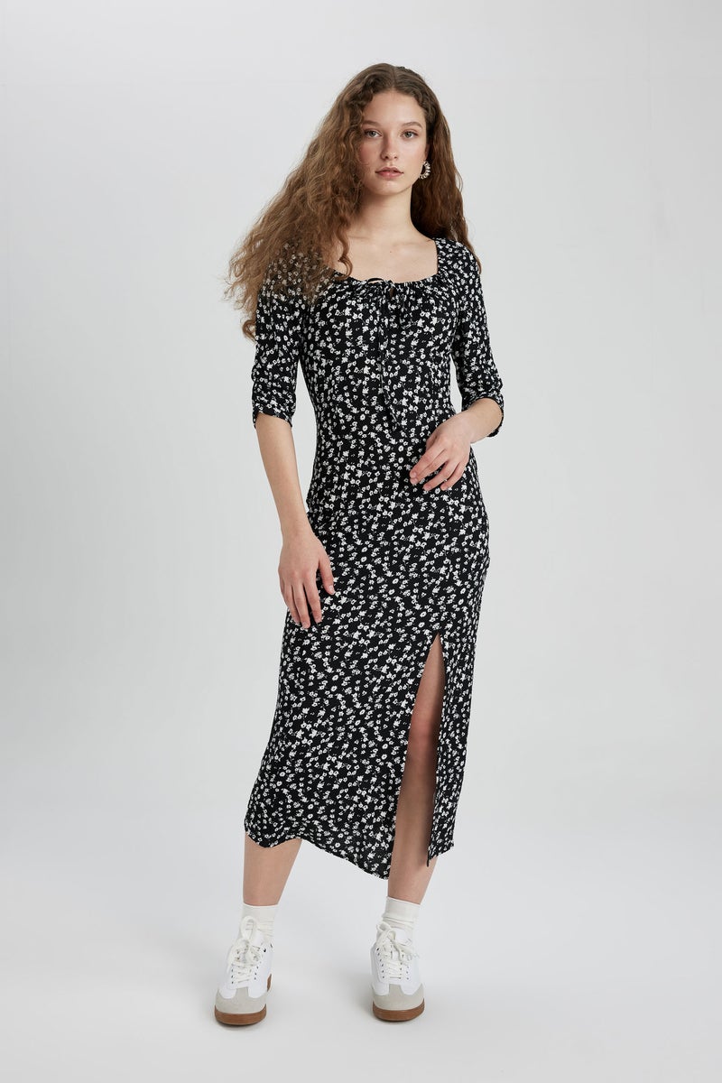 DeFacto Black Woman Fitted Square Neck Floral Wrap Half Sleeve Midi Dress Casual - Image 2