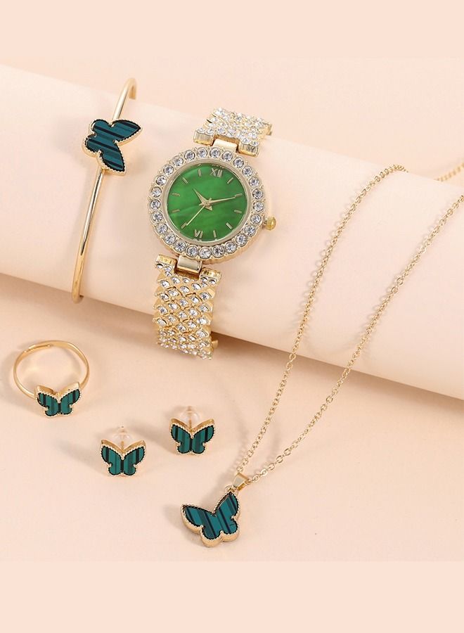 Ladies Watch Green Butterfly Set, Diamond Steel Band Quartz Watch + Bracelet + Ring + Necklace + Earrings  - Image 1