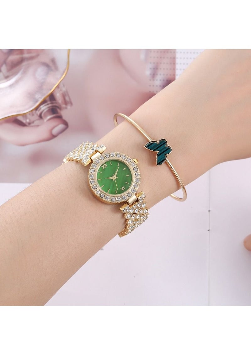 Ladies Watch Green Butterfly Set, Diamond Steel Band Quartz Watch + Bracelet + Ring + Necklace + Earrings  - Image 3