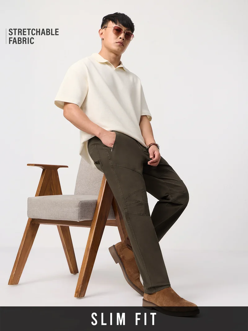 The Souled Store The Souled Store Aviator Pants: Chocolate Mens and Boys Solid Cotton Elastane Slim Fit Paneled Knees Zippered Pocket Trousers
