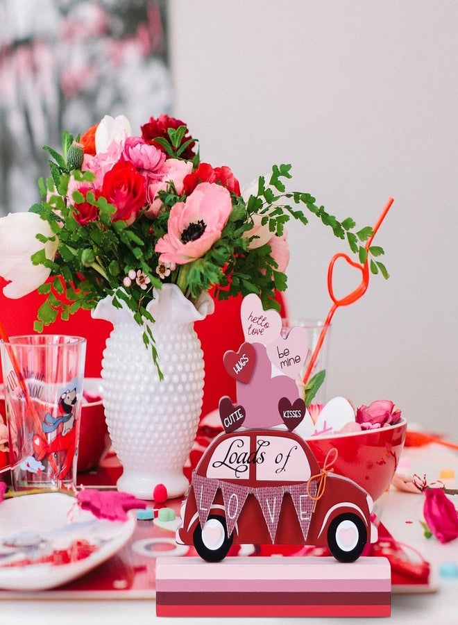 DECSPAS Valentines Day Decorations, Red Truck Wood Block Set Valentines Day Decor, Heart Ornaments Valentine Decor, Love Sign Valentines Decorations for The Home, Mantle, Dining Table - Image 2