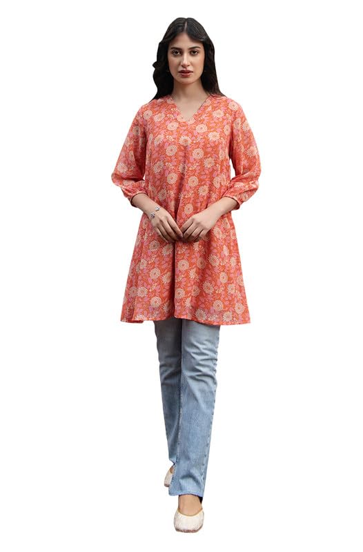 Janasya Women's Orange Georgette Floral Regular Tunic(JAA24TU00334-3XL) - Image 1
