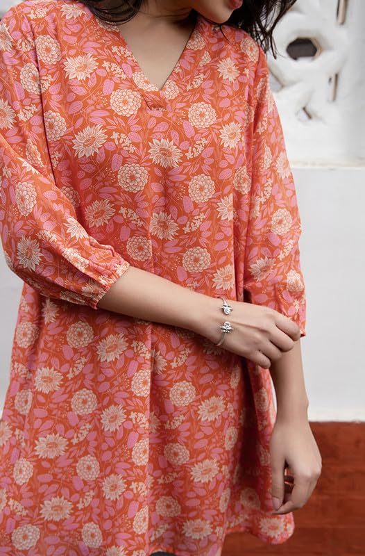 Janasya Women's Orange Georgette Floral Regular Tunic(JAA24TU00334-3XL) - Image 3