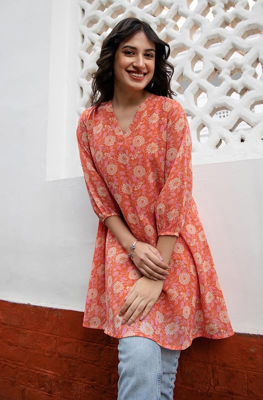 Janasya Women's Orange Georgette Floral Regular Tunic(JAA24TU00334-3XL) - Image 2