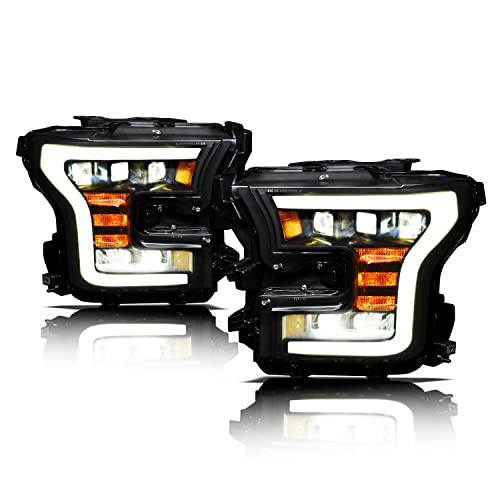 Alpha Owls 7180390 Tri-Pro Series Full LED Projector Headlights With White LED Light Bar & Sequential Signal - Black Amber Fits 2015-2017 Ford F150 Halogen Models - Image 1