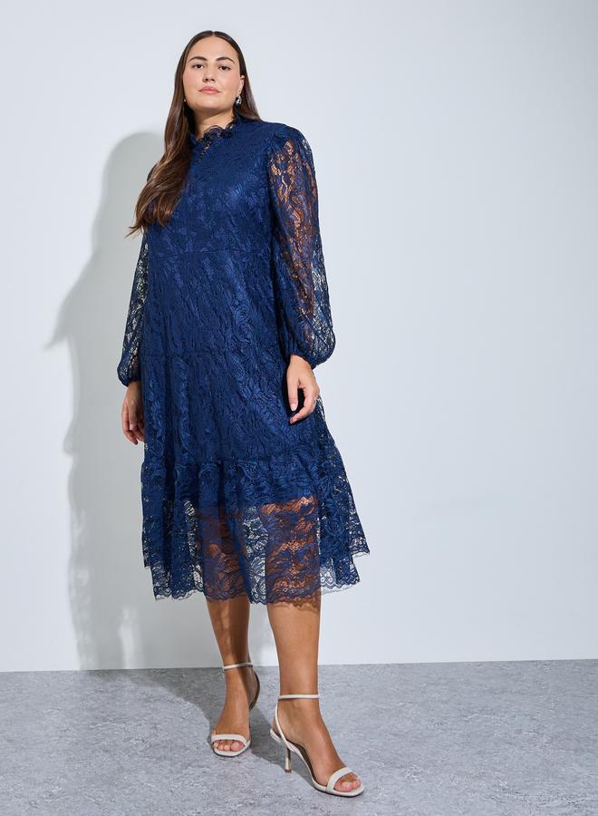 Styli Plus Size Navy Blue Lace Long Sleeves A-Line Midi Dress - Image 3
