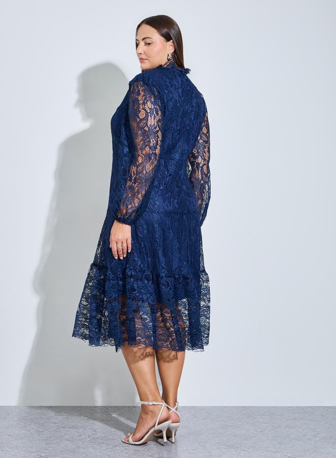 Styli Plus Size Navy Blue Lace Long Sleeves A-Line Midi Dress - Image 5
