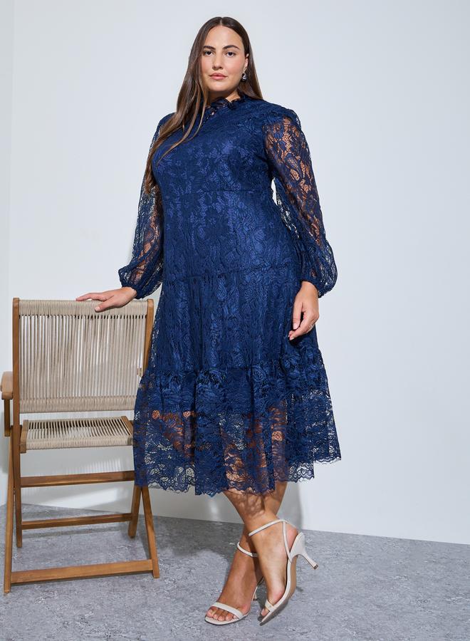 Styli Plus Size Navy Blue Lace Long Sleeves A-Line Midi Dress - Image 1
