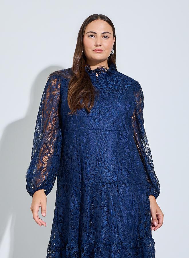 Styli Plus Size Navy Blue Lace Long Sleeves A-Line Midi Dress - Image 2
