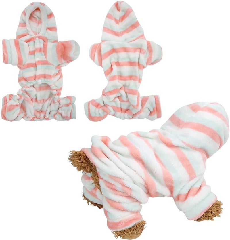 Soft Warm Fleece Pet Hoodie Winter Pajamas Light Red Green Stripe Size S - Image 1