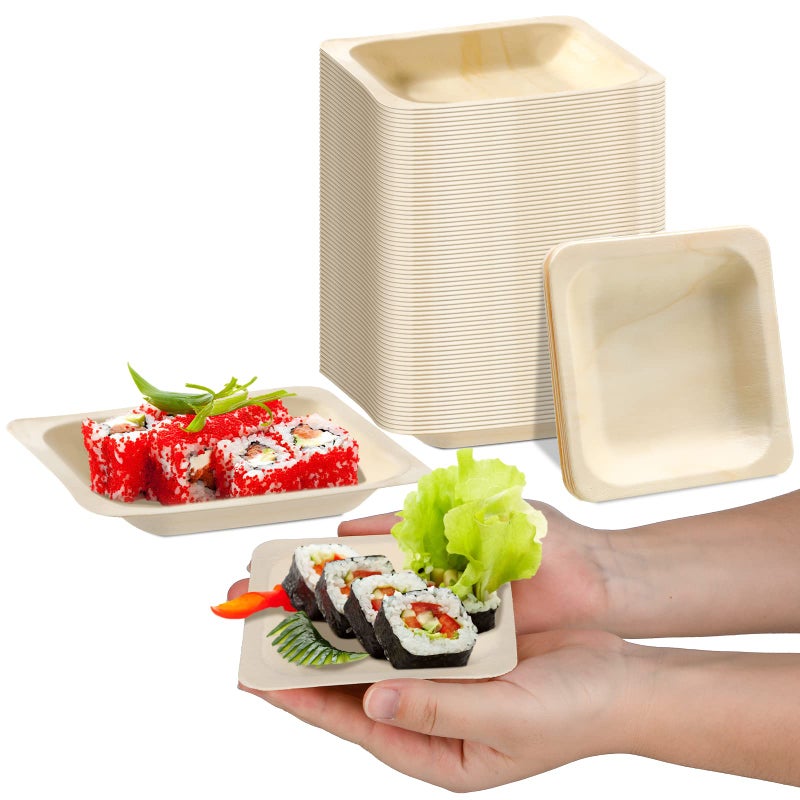 Hoolerry Disposable Square Palm Bowls Palm Leaf Bowls Bamboo Disposable Plates Square Wood Plates for Birthday Party  Wedding Events  Appetizer  Dessert  Catering and Home Use (50  3.94x3.94x0.6 Inch) - Image 1