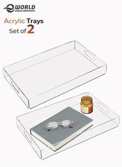 Eworld Set of 2 Acrylic Decorative Serving Tray For Coffee Tea and Household Items with Handles  - Image 1