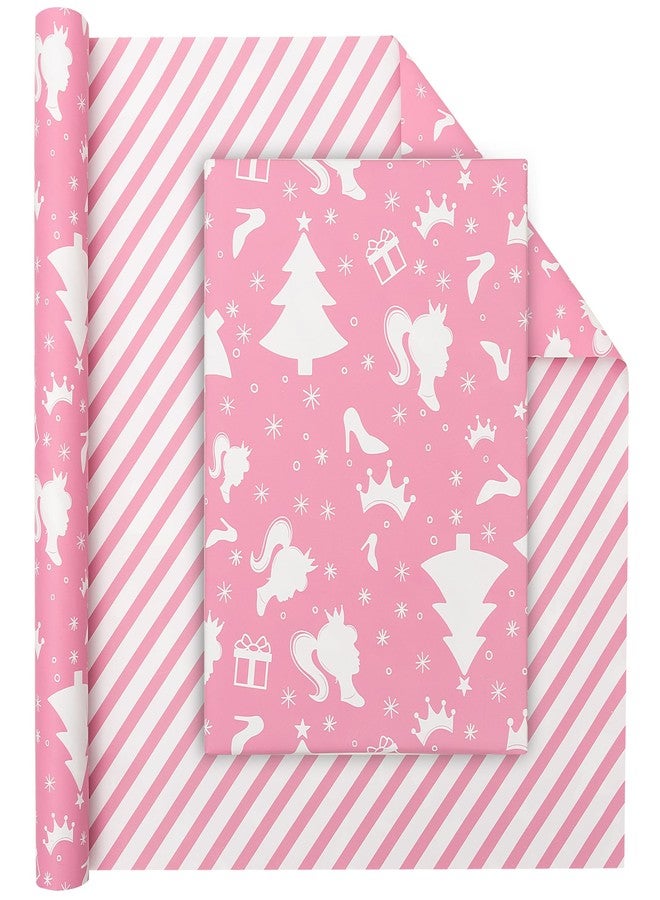 Vnaaem Reversible Christmas Wrapping Paper for Girls Boys Kids Men Women - Pink Princess and Stripe Pattern Great for Holiday Birthday, Party, Baby Shower (Pink Princess Xmas, 17 In X 33 Ft - Image 2