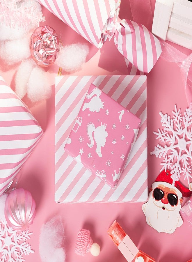 Vnaaem Reversible Christmas Wrapping Paper for Girls Boys Kids Men Women - Pink Princess and Stripe Pattern Great for Holiday Birthday, Party, Baby Shower (Pink Princess Xmas, 17 In X 33 Ft - Image 5