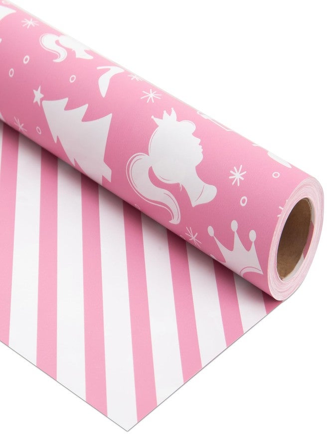 Vnaaem Reversible Christmas Wrapping Paper for Girls Boys Kids Men Women - Pink Princess and Stripe Pattern Great for Holiday Birthday, Party, Baby Shower (Pink Princess Xmas, 17 In X 33 Ft - Image 1