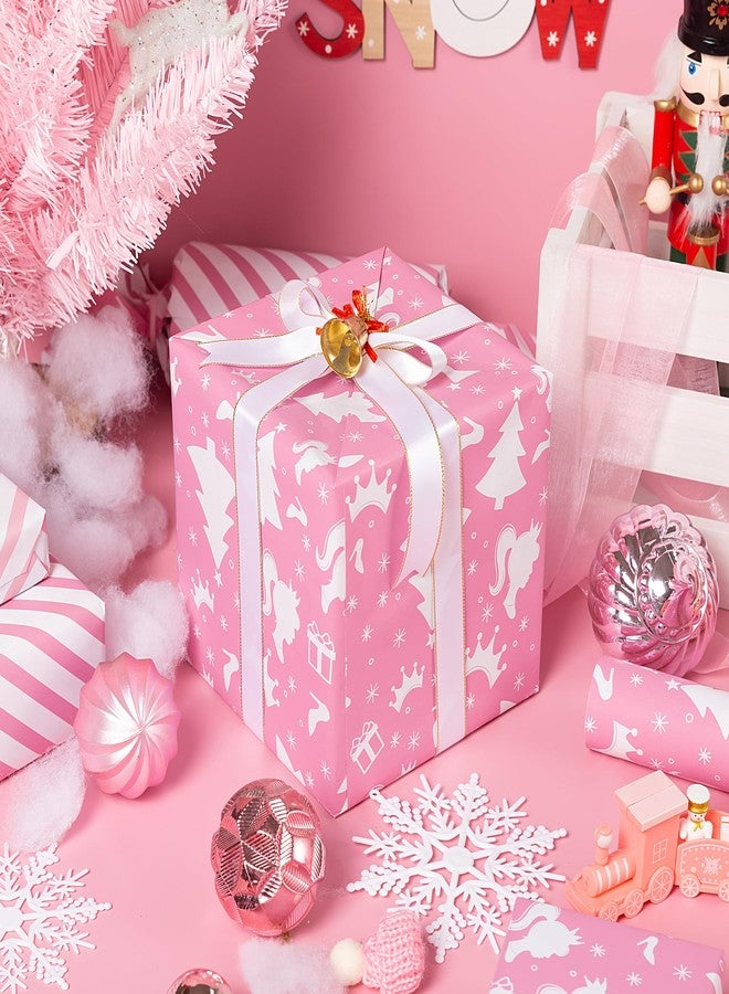 Vnaaem Reversible Christmas Wrapping Paper for Girls Boys Kids Men Women - Pink Princess and Stripe Pattern Great for Holiday Birthday, Party, Baby Shower (Pink Princess Xmas, 17 In X 33 Ft - Image 3