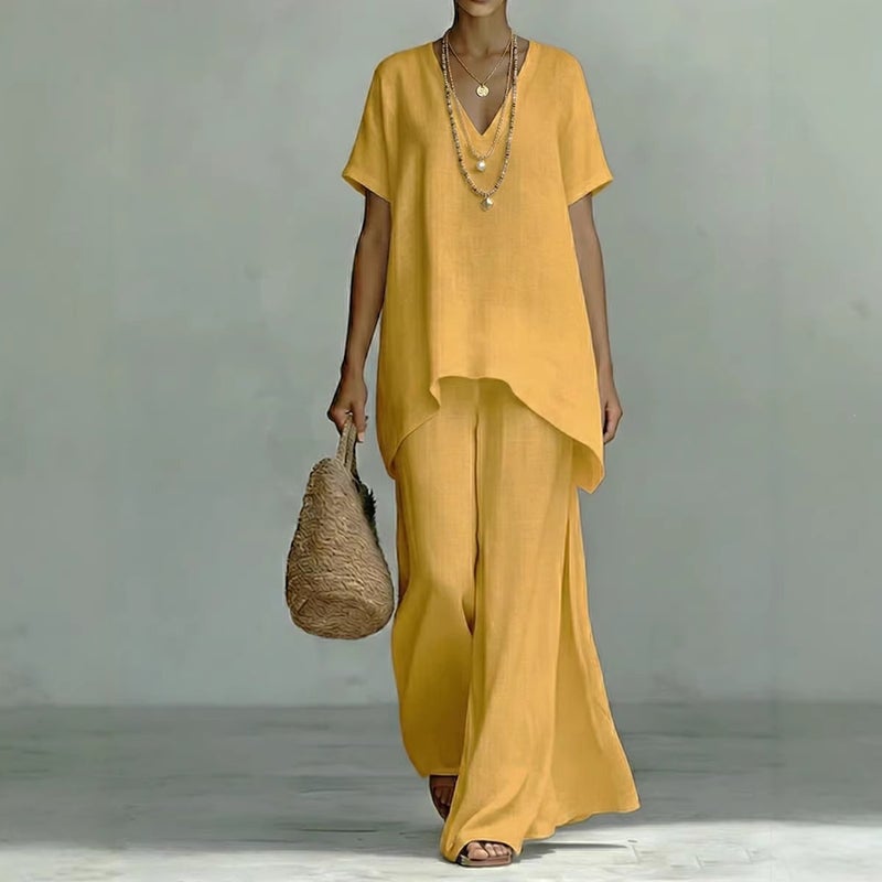 V-Neck Summer Short-Sleeve Two-Piece Women''s Set, Solid Color Loose Top and Wide-Leg Pants, and Independent Site - Image 4